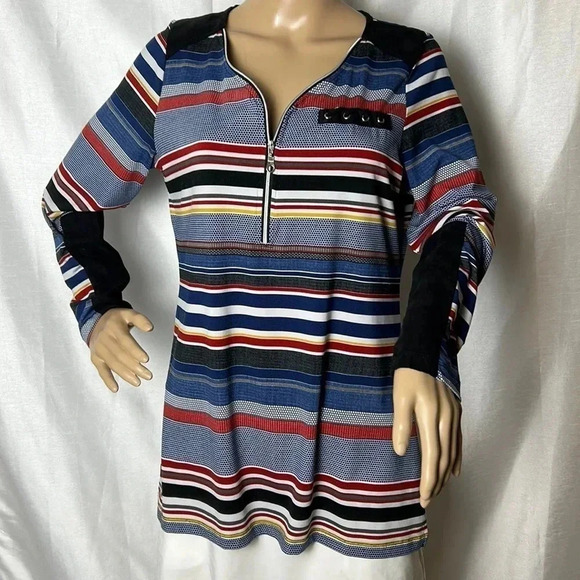 LE GRENIER striped blouse,front 3/4 zip,faux laced pocket, velvet  patches. - Picture 1 of 12